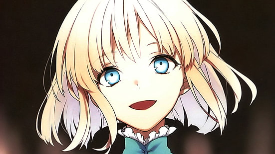 Fate Series, Sajou Manaka, blonde, short hair, blue eyes, smiling, anime girls, solo, bangs, open mouth, Fate/Prototype, closeup, HD wallpaper HD wallpaper