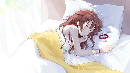 Wirtualny Youtuber, Inugami Korone, anime, dziewczyny anime, spanie, zwierzęce uszy, w łóżku, Tapety HD HD wallpaper