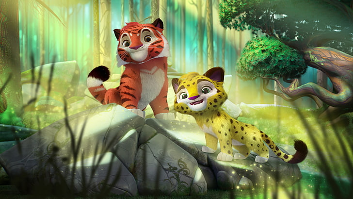 tiger and leopard cubs, animals, cartoon, stone, jungle, Leo and TIG, HD wallpaper