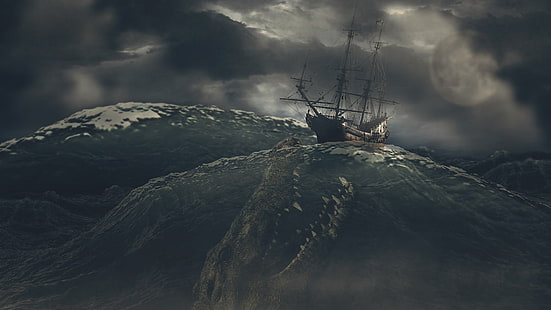 корабль, шторм, темнота, морские монстры, облака, парусник, клыки, волны, море, луна, морды, существо, цифровое искусство, природа, HD обои HD wallpaper
