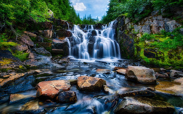 Rainier Dağı Milli Parkı Washington ABD manzara şelale kayalar ağaçlar HD duvar kağıdı 3840 × 2400, HD masaüstü duvar kağıdı