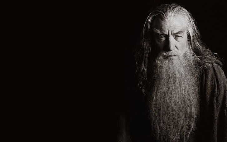 Lord of the Rings character wallpaper, Gandalf, The Lord of the Rings, movies, Ian McKellen, sepia, dark background, simple background, monochrome, HD wallpaper