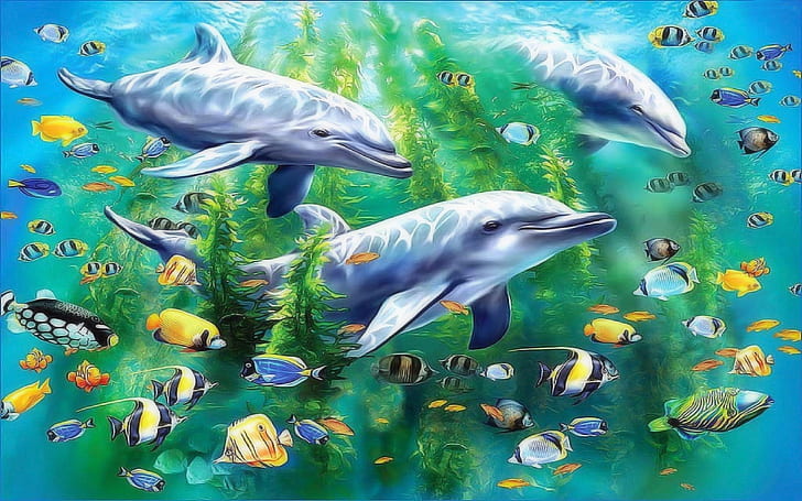 Monde animal sous la mer océan eau algues algues dauphins sarongs poissons tropicaux art hd fonds d'écran pour téléphones mobiles tablette et pc 1920 × 1200, Fond d'écran HD