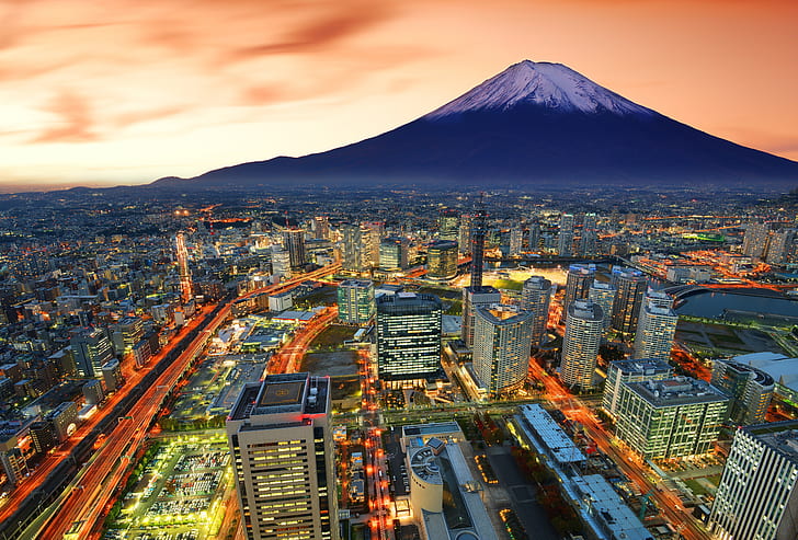 a cidade, montanha, vulcão, Japão, desfoque, Fuji, arranha-céus, Yokohama, viagens, meu planeta, luzes iluminação, tira de luz, a maior cidade portuária, HD papel de parede