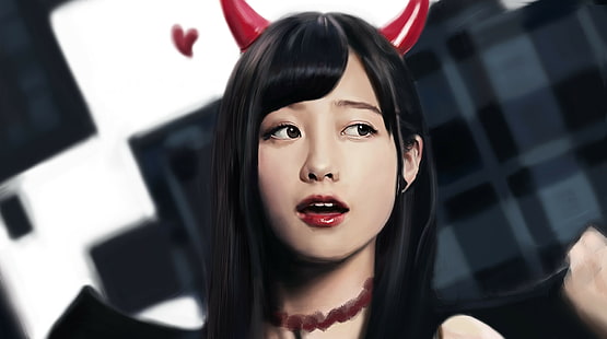 Kanna Hashimoto, long hair, Asian, women, horns, red lipstick, looking away, dark hair, HD wallpaper HD wallpaper