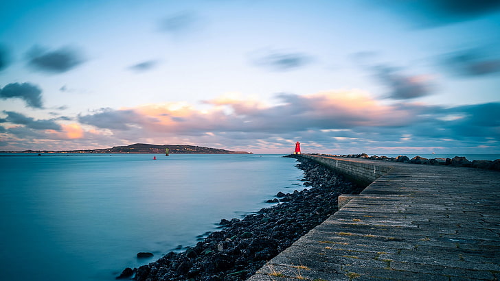 пирс, маяк, море, побережье, Дублин, Ирландия, HD обои