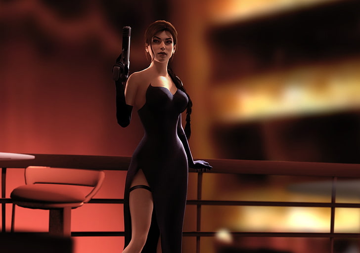 animated woman wearing black sweetheart neckline slit dress wallpaper, girl, gun, hair, beauty, stockings, dress, lara croft, tomb raider, HD wallpaper