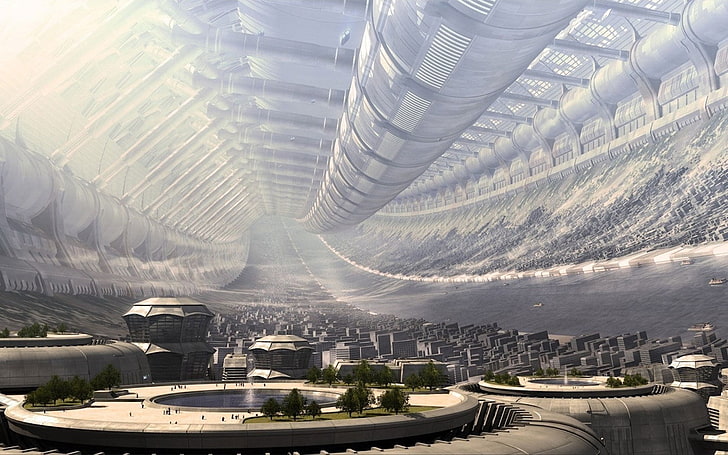 działka z szarego betonu, torus Stanforda, przestrzeń kosmiczna, stacja kosmiczna, futurystyczna, cyfrowa sztuka, science fiction, Tapety HD