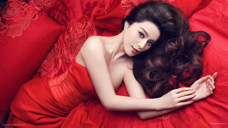 mujer, asiática, vestido rojo, Fan Bingbing, mirando al espectador, cabello largo, Fondo de pantalla HD