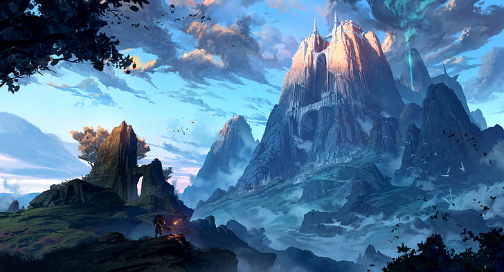 Fantasy, Landscape, Gate, Mountain, Warrior, HD wallpaper