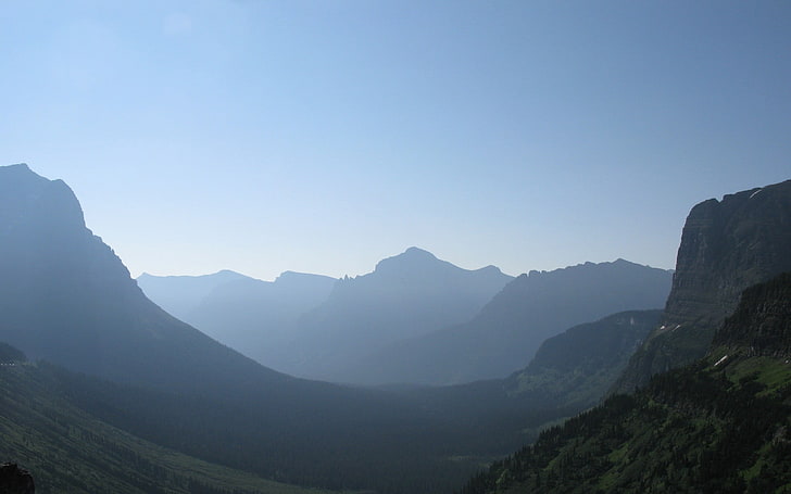 areal photo dolina, krajobraz, niebo, mgła, góry, Park Narodowy Glacier, Montana, Tapety HD