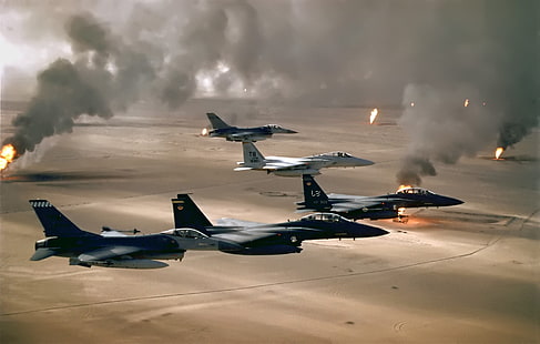 ทะเลทราย, พายุทะเลทราย, ไฟ, การบิน, พลศาสตร์ทั่วไป F 16 Fighting Falcon, McDonnell Douglas F 15 Eagle, McDonnell Douglas F 15E Strike Eagle, การทหาร, ควัน, กองทัพอากาศสหรัฐ, สงคราม, อาวุธ, วอลล์เปเปอร์ HD HD wallpaper