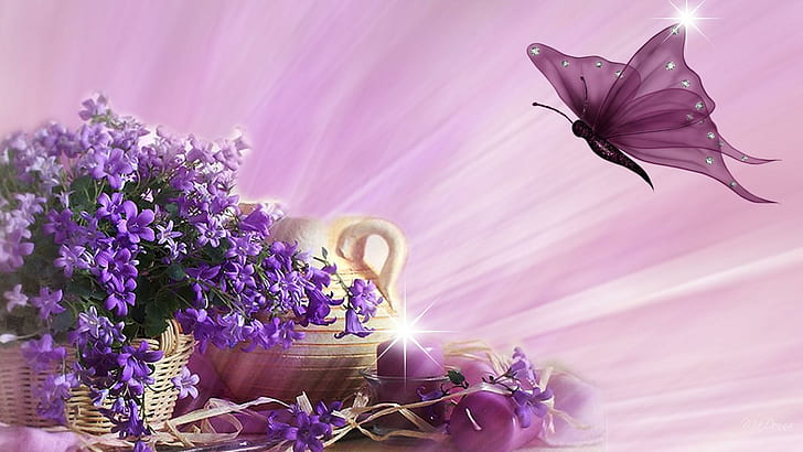 Теменужки розово, лилаво оцветено цвете и розова пеперуда графика, стомна, пеперуда, цветя, пролет, абстрактно, пламък, теменужки, свещ, персона, лято, свещи, HD тапет