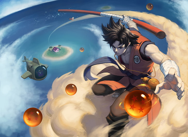 Son Goku illustration, Chen Zhan, Son Goku, Dragon Ball, staff, men, island, balls, Master Roshi, HD wallpaper