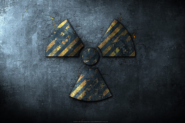 черно и жълто лого за предпазливост, асфалт, напукан, знак, радиация, радиоактивен знак, HD тапет