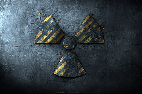 черно и жълто лого за предпазливост, асфалт, напукан, знак, радиация, радиоактивен знак, HD тапет HD wallpaper