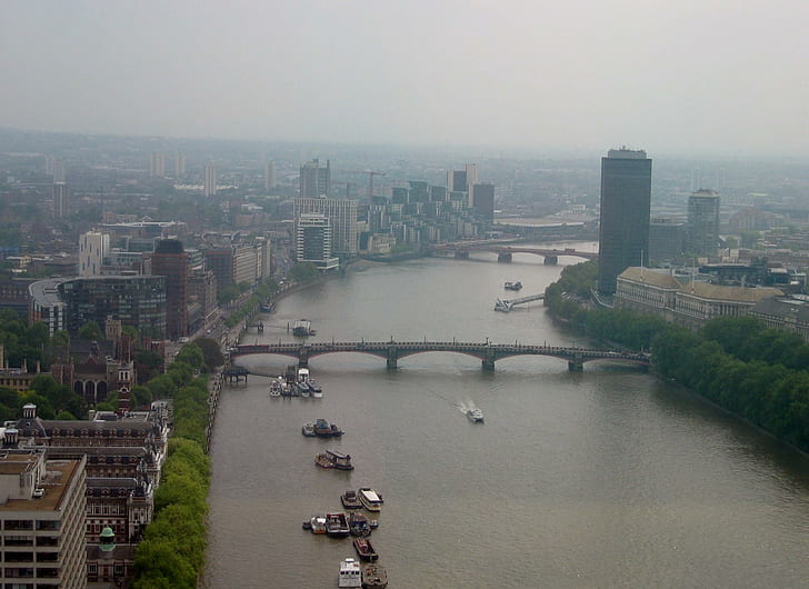 Widok na rzekę z London Eye, rzeki, drzewa, most, łodzie, fotografia, 3d i abstrakcja, Tapety HD