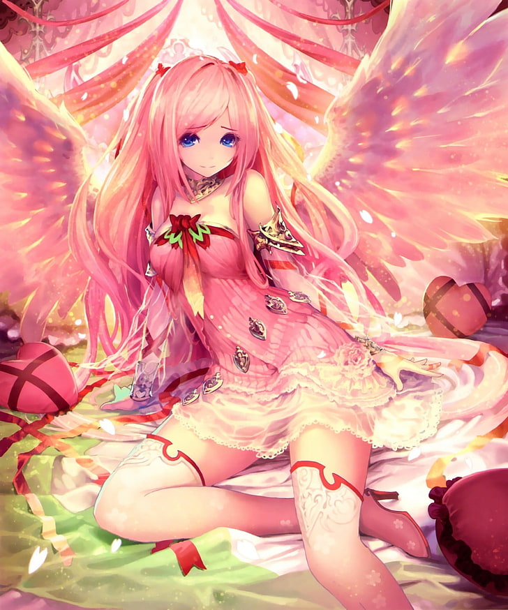 pink-haired female angel anime character wallpaper, artwork, anime girls, anime, long hair, wings, pink hair, blue eyes, Shingeki no Bahamut, Tachikawa Mushimaro, HD wallpaper