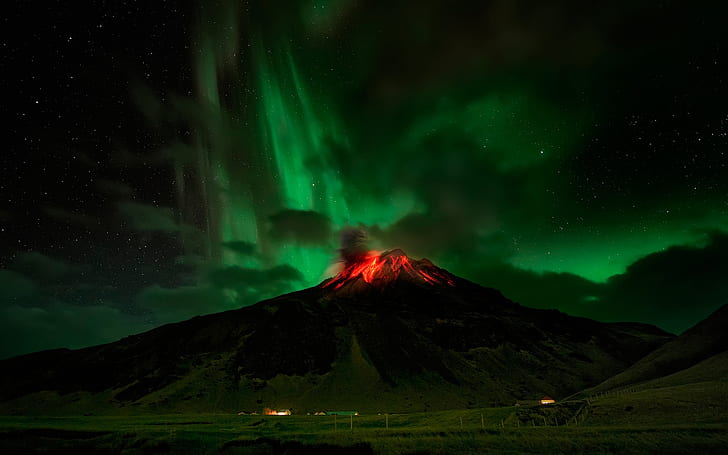 Извержение вулкана, вулкан, извержение, пейзаж, ночь, HD обои
