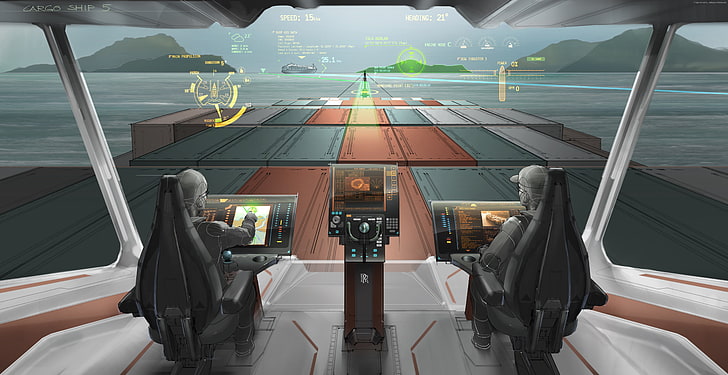 futuro, contenedores, ilustración, 2025, puente, visión del buque de carga, Fondo de pantalla HD