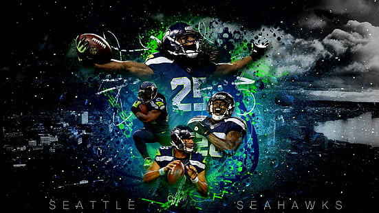 Seattle Seahawks poster, Seattle Seahawks, spor, NFL, Amerikan futbolu, yeşil, siyah, mavi, karanlık, beyaz, HD masaüstü duvar kağıdı HD wallpaper