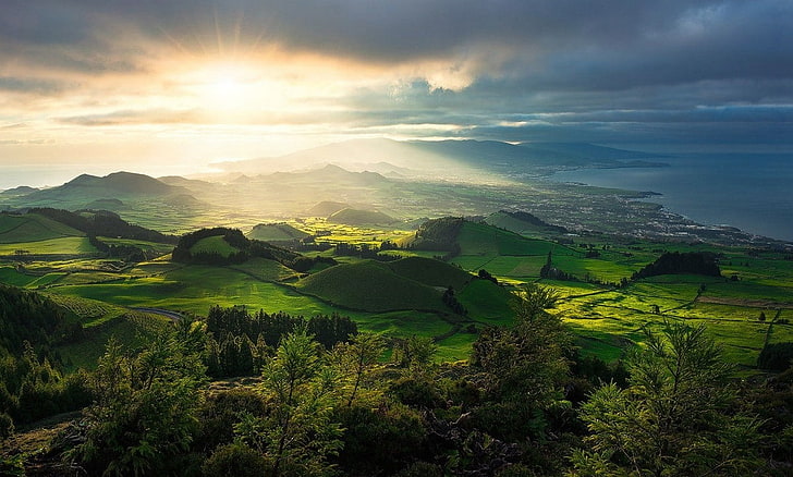 Azores, clouds, field, Green, Hills, island, landscape, nature, photography, sea, sunlight, sunrise, town, Trees, HD wallpaper