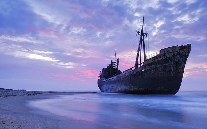 Aboned Ship, vehículo, playa, agua, barco, océano, azul, barcos, Fondo de pantalla HD