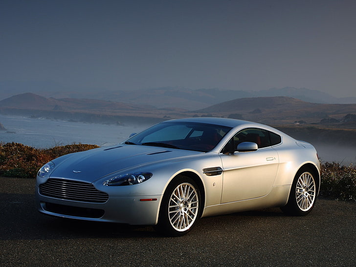 gümüş Aston Martin coupe, aston martin, v8, vantage, 2008, gümüş, yan görünüm, arabalar, dağlar, HD masaüstü duvar kağıdı