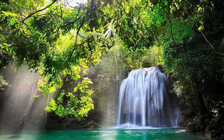 Kanchanaburi, Thailand, waterfall, nature, sunlight, water, trees, Kanchanaburi, Thailand, Waterfall, Nature, Sunlight, Water, Trees, HD wallpaper