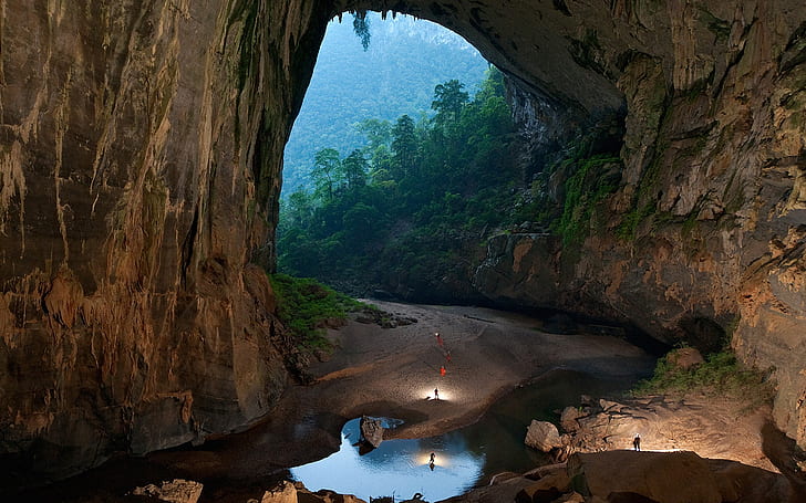 Hang Son Doong Cave, cave brown stone, vietnam, forest, rocks, landscape, background, HD wallpaper
