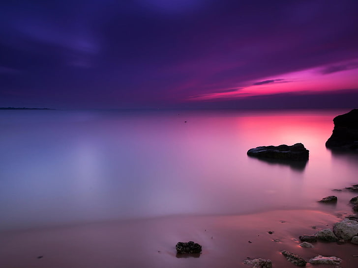 Purple Sunset Beach-HD Desktop Wallpaper, body of water wallpaper, HD wallpaper