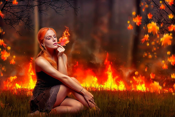 fantasy art, sitting, women outdoors, fire, women, model, nose rings, HD wallpaper