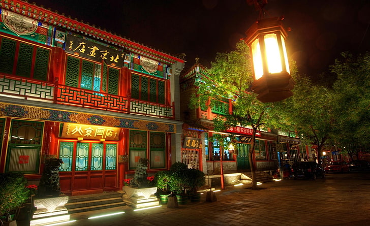 Старые китайские дома, черный уличный фонарь, Азия, Китай, китайцы, дома, HD обои