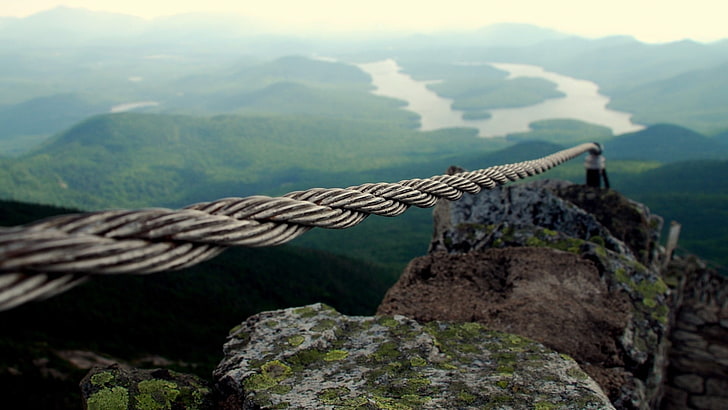 gray rope, nature, landscape, depth of field, mountains, ropes, lake, rock, hills, moss, HD wallpaper