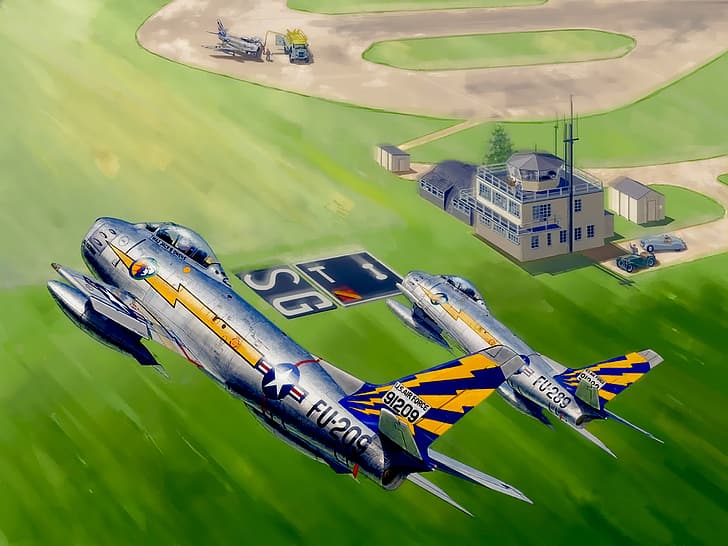 Североамериканский F-86 Sabre, реактивный истребитель, авиация, живопись, война, искусство, HD обои