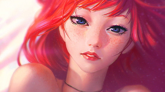 빨간 머리 여성 애니메이션 캐릭터, Ilya Kuvshinov, 빨간 머리, 주근깨, 파란 눈, 입술, HD 배경 화면 HD wallpaper