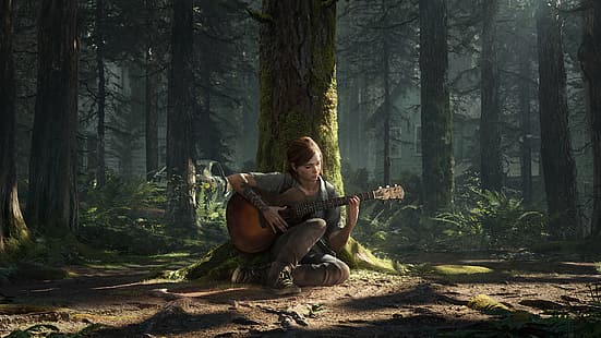 Ellie, The Last of Us, The Last of Us 2, jeux vidéo, personnages de jeux vidéo, guitare, arbres, tatouage, Fond d'écran HD HD wallpaper