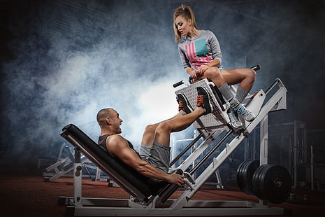 gray gym equipment, legs, couple, workout, fitness, training, HD wallpaper HD wallpaper
