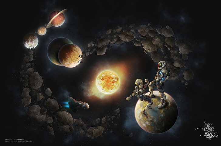 planets illustration, the sun, space, stars, earth, planet, ship, Mars, astronauts, Saturn, HD wallpaper