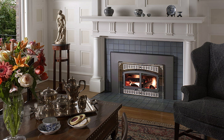 black fireplace, fireplace, desk, furniture, flowers, comfort, warmth, HD wallpaper