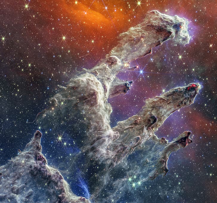 سديم ، فضاء ، نجوم ، تلسكوب جيمس ويب الفضائي ، أعمدة الخلق ، NGC 6611 ، سديم النسر ، المجرة ، سديم الانبعاث ، الأشعة تحت الحمراء، خلفية HD