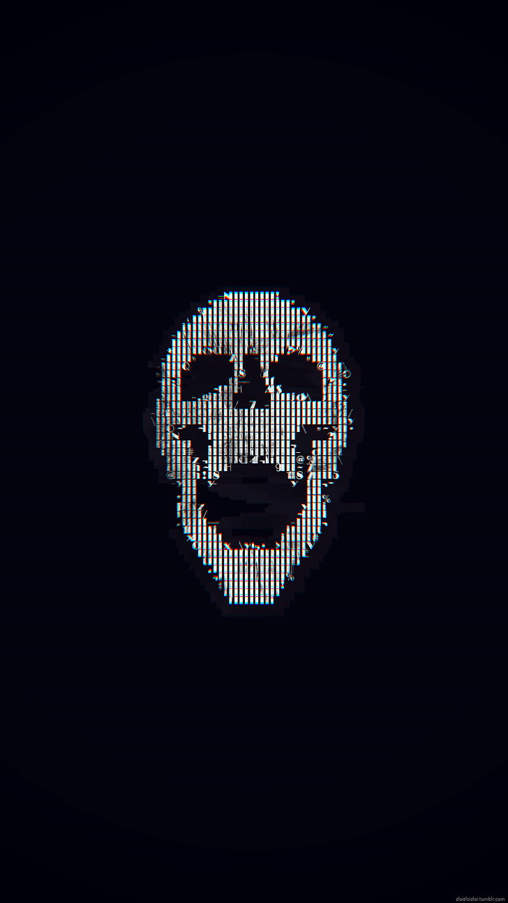 logotipo de caveira branca, arte de falha, abstrato, arte ASCII, crânio, HD papel de parede, papel de parede de celular