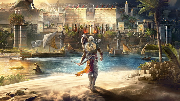 person in hoodie with bow wallpaper, video games, Egypt, assassins, river, boat, city, Assassin's Creed, Assassin's Creed: Origins, HD wallpaper