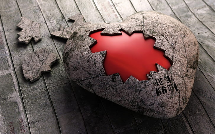 Patah hati batu, dekorasi hati potongan puzzle coklat dan merah, Patah, Batu, Hati, Wallpaper HD