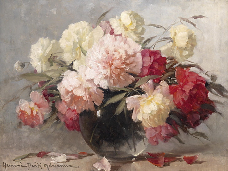pintura de branco, rosa e vermelho pétalas de flores, flores, buquê, peônias, Adrienne Deak, HD papel de parede