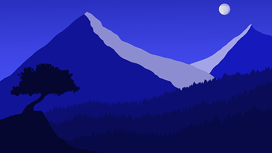 Künstlerisch, Landschaft, Blau, Minimalistisch, Mond, Berg, Nacht, Baum, HD-Hintergrundbild HD wallpaper