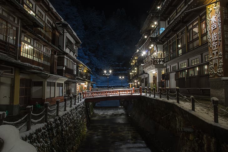winter, snow, night, home, Japan, lighting, lights, the bridge, hotels, Yamagata, Ginzan Hot Spring Bath, HD wallpaper