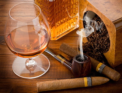 cigare brun, nourriture, whisky, brandy, cigare, verre, pipe pour fumer, table, tabac, Fond d'écran HD HD wallpaper