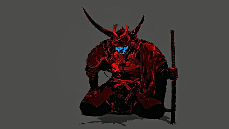 blue, mask, minimalism, red, samurai, HD wallpaper