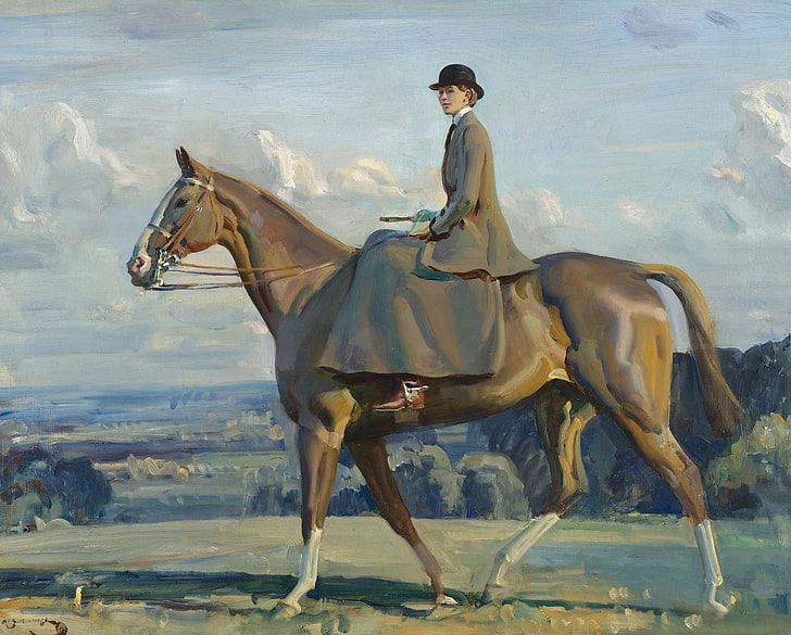 Alfred James Munnings, animals, artwork, Classic Art, horse, nature, painting, women, HD wallpaper